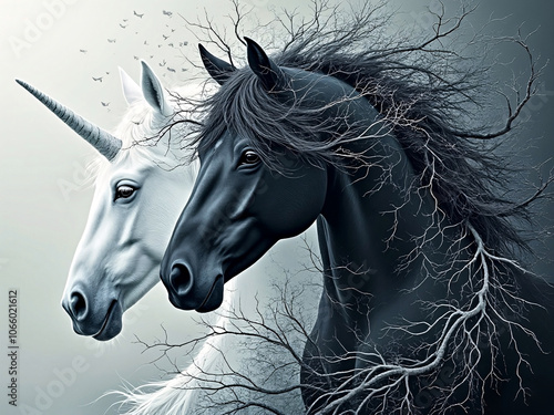 Majestic white unicorn next to black stallion horse with mycelium root structure effect