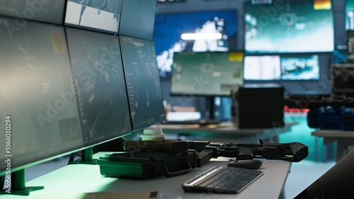 Weapons in army governmental facility used to attack enemy forces. Handguns on table in empty military base of operations with radar systems, prepared for assault mission start