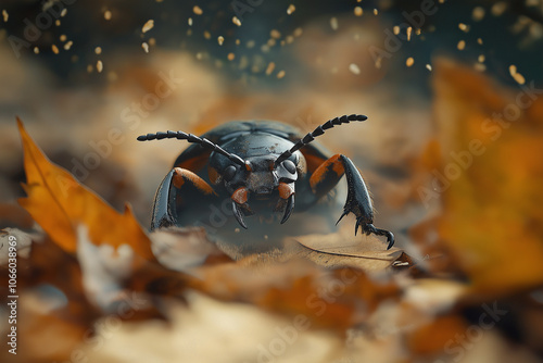 Bombardier Beetle with Explosive Spray Hiding Amid Leaf Litter – Defensive Insect Behavior