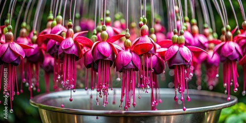 fuchsia flowers dripping from a metal sculpture, decorative piece, abstract art, sculptural elements, artistic expression, industrial style