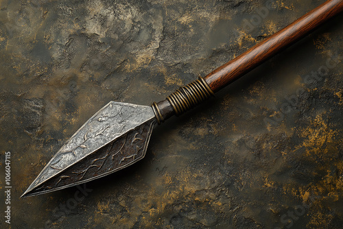 a replica of a Roman spear with polished wood and metal.