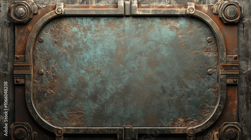 Industrial metallic panel with aged copper and weathered blue patina, framed with riveted mechanical details