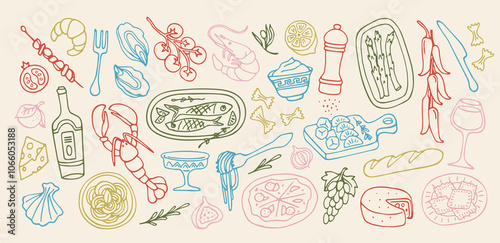 Mediterranean food doodle set. Icons or symbols with traditional Italian cuisine, seafood, pasta, vegetables and wine. Healthy Diet. Hand drawn outline vector illustration isolated on background