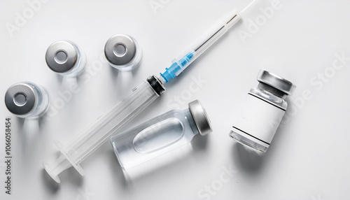 Top angle view of vials of vaccine and a medical injection needle; flu vaccine; coronavirus vaccination; medical photography; medicine and vaccination; hospital and clinic; get your vaccine shots