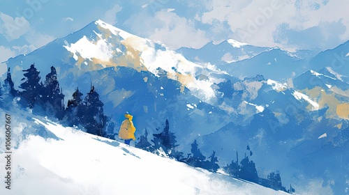 A lone figure in a yellow jacket hikes up a snow-capped mountain range under a blue sky with white clouds.