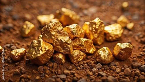 Large gold nuggets on brown dirt, emphasizing the contrast and richness of unearthed precious metal, gold, nuggets, precious metal