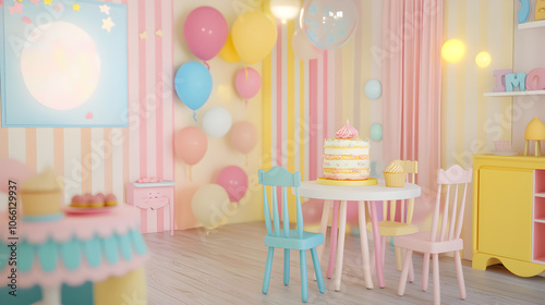 una habitacion adecuada con elementos decorativos para sesion de fotos para celebraciones o festejos diseño creativo con colores en tonos pastel