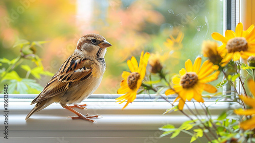 Beautiful Bird Perched on a Window Sill,