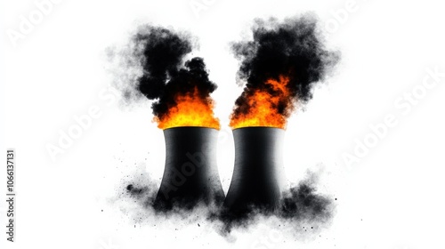 Power plants emitting smoke and fire against a white isolated background.