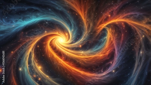 A colorful swirl of fire and stars in space. The colors are bright and vibrant, creating a sense of energy and movement. The swirling pattern suggests a sense of chaos and unpredictability