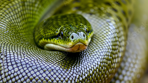 The closeup image of green anaconda (Eunectes murinus) . It is a boa species found in South America. It is the heaviest and one of the longest known extant snake species.