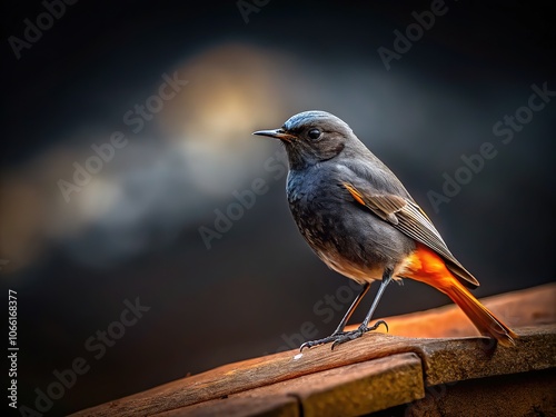 Low-light AI art: Black Redstart, roof details emphasized.