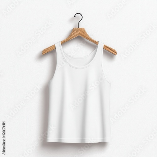 A simple white tank top hanging on a wooden hanger against a plain background showcasing minimalist fashion and versatility