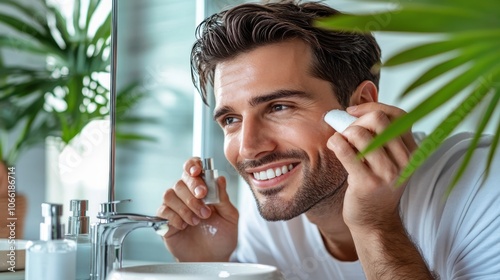 Man grooming and applying skincare in a modern bathroom with plants.