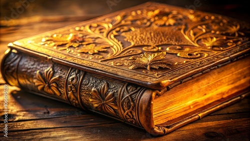 A Close-Up of an Ancient Book with Ornate Leather Binding, Illuminating the Pages with an Inner Glow, Resting on a Weathered Wooden Surface