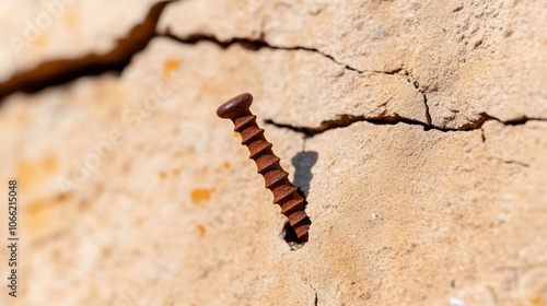 A rusty screw sticking out of a cracked wall.