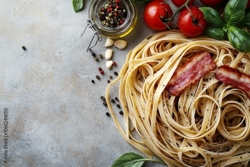 Delicious linguine pasta with tomatoes, basil, and bacon on a rustic countertop.