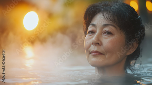 露天風呂で心を癒す日本人女性