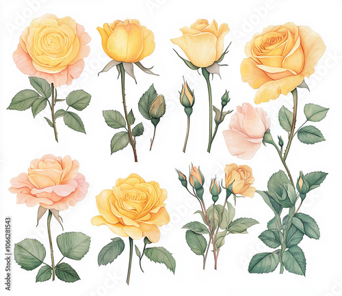 Selected yellow rose illustrations, showcasing elegance and nobility