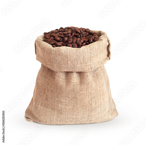 Coffee beans in a sack isolated on white