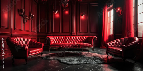 Vintage Inspired Luxury Living Room with Red Leather Sofa and Elegant Red Armchairs. Red Lounge Interior in Royal Style