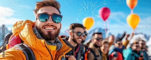 Group cheering in unison as New Year s Eve fireworks light up the sky, vibrant expressions, New Year s Eve cheers, joy