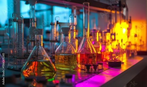 a laboratory with various glass beakers, flasks, and test tubes filled with colorful liquids, illuminated by different colored lights, creating a vibrant and experimental atmosphere.