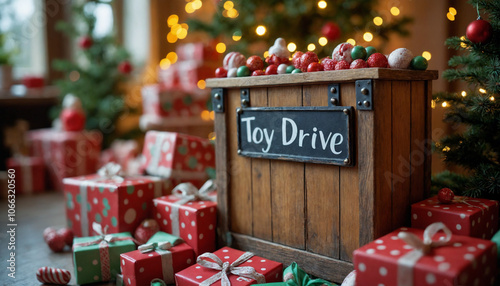 Christmas toy drive box with presents and festive decorations in cozy holiday setting