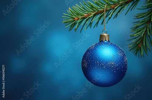 A lonely blue Christmas glass ball, blue in color, hanging from a pine branch.Blue background. 