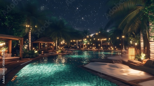 Nighttime tropical resort pool with cabanas and starry sky