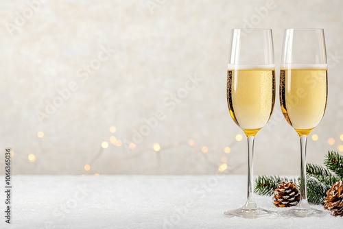 Champagne Glasses with Festive Holiday Background, Two champagne glasses filled with bubbly on a festive background with winter pine decor and soft golden holiday lights, celebrating the season.