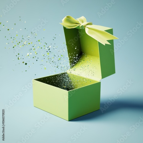 A vibrant green gift box bursts open, releasing colorful glitter, perfect for celebrations and special occasions.