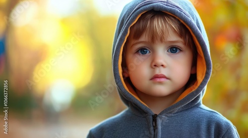 Portrait of an adorable young boy dressed in a hoodie outdoors