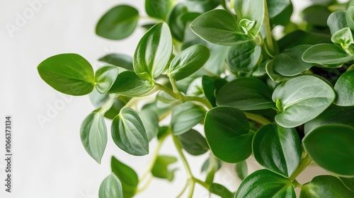 Peperomia houseplant exhibiting etiolation with elongated stems and small leaves due to insufficient light against a white backdrop