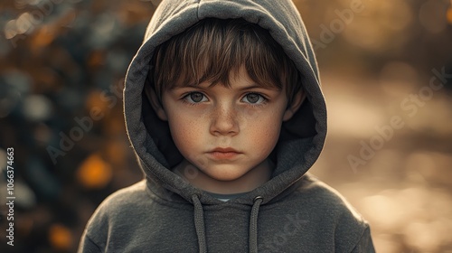 Portrait of an adorable young boy dressed in a hoodie outdoors