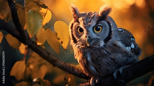 A close-up of a screech owl perched on a branch in the twilight, with its distinctive facial disc and large, expressive eyes glowing softly in the fading light, surrounded by a shadowy forest backgrou