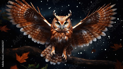 An artistic depiction of a screech owl in mid-flight, with its wings spread wide and detailed feather patterns visible, set against a moonlit sky with stars twinkling in the background. 