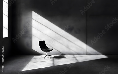 A minimalist black chair in a dimly lit room, highlighted by dramatic shadows and natural light streaming through the window.