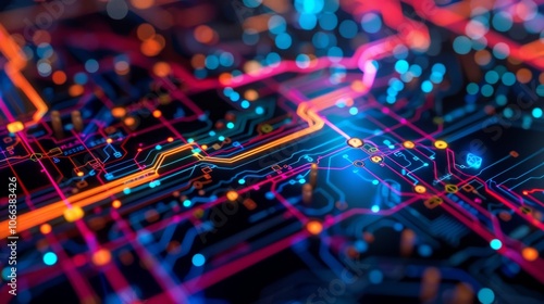 Colorful electronic printed circuit board with glowing details showing the concept of data transferring in computer technologies