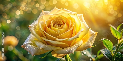 A vibrant yellow rose, its petals glistening with morning dew, basks in the soft glow of the rising sun, a symphony of nature's beauty.