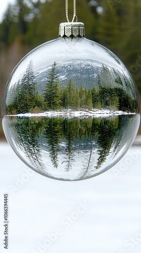 A snowy forest landscape beautifully reflected in a hanging glass ornament, capturing a serene winter scene with fir trees and snow.