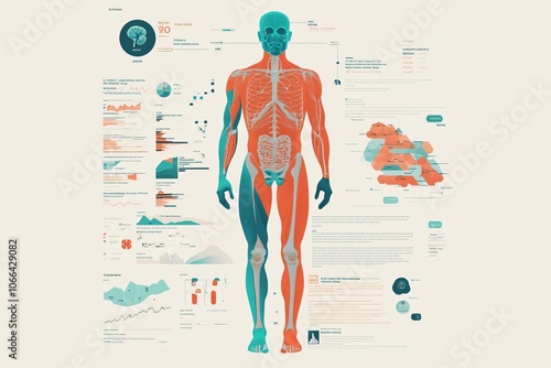 Detailed anatomical illustration showcasing the human body, featuring skeletal and muscular systems with informative graphics.