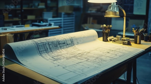 a large, rolled-out blueprint on a drafting table, displaying various plans, measurements, and annotations for a building or mechanical device.