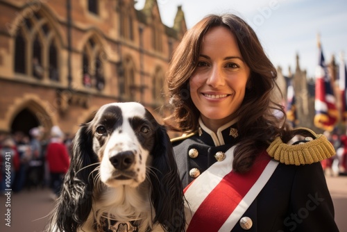 Beautiful woman with her dog at the parade in London, UK