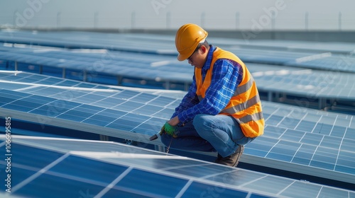 A technician works on solar panels, ensuring optimal energy efficiency in a renewable energy facility.