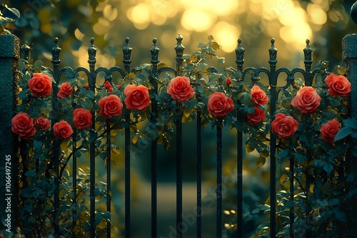 Red roses entwine a vintage iron fence in the warm glow of sunset.