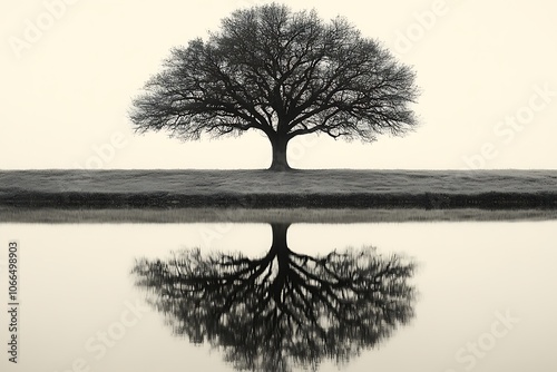 A lone tree stands by a still lake, its silhouette mirrored in the water.