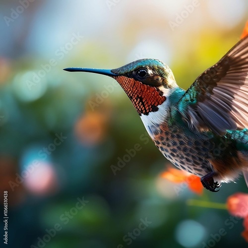 This image showcases a hummingbird in flight, hovering over a garden filled with diverse flowers. The focal point of the picture is a red flower where the bird is perched, seemingly feeding on its nec