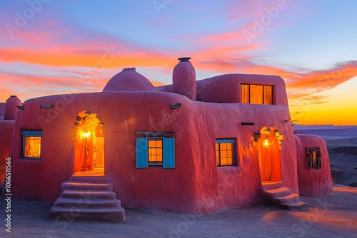 Navajo hogans at sunset