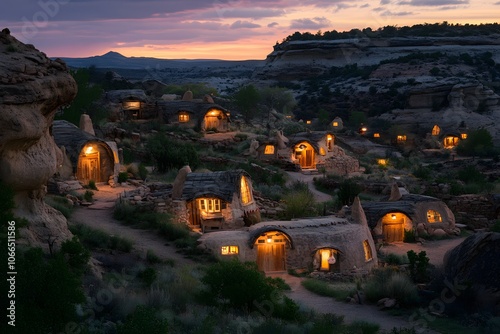 Navajo hogans at sunset